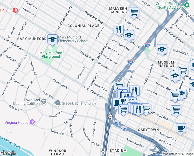 map of restaurants, bars, coffee shops, grocery stores, and more near 3921 Floyd Avenue in Richmond