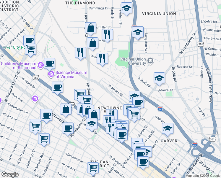 map of restaurants, bars, coffee shops, grocery stores, and more near 2009 West Moore Street in Richmond