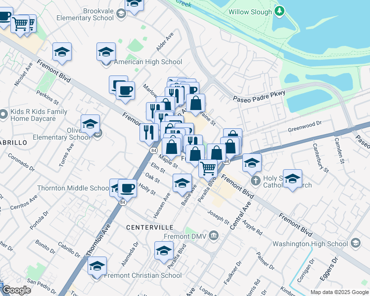 map of restaurants, bars, coffee shops, grocery stores, and more near 37120 Fremont Boulevard in Fremont