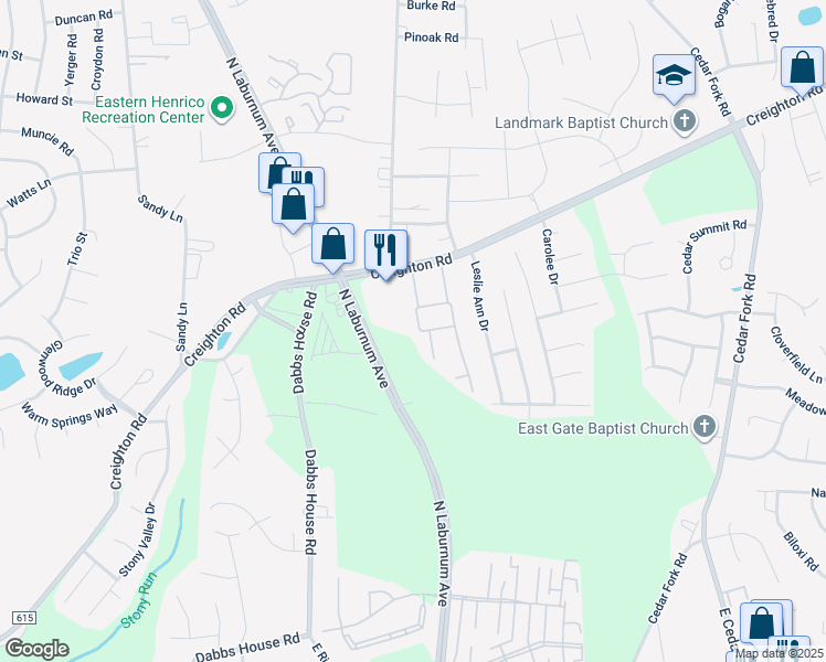 map of restaurants, bars, coffee shops, grocery stores, and more near 4004 Dominion Townes Circle in Richmond