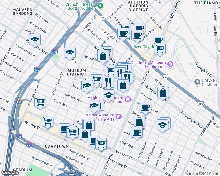 map of restaurants, bars, coffee shops, grocery stores, and more near 3028 Kensington Avenue in Richmond
