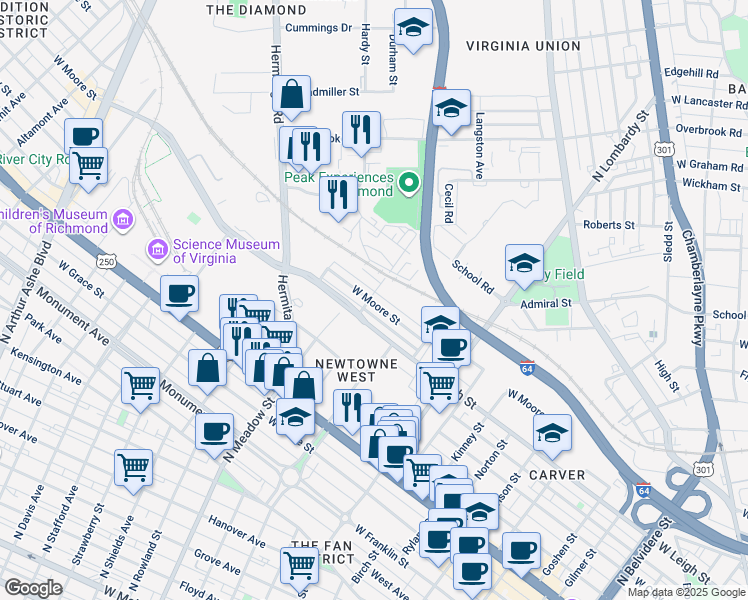 map of restaurants, bars, coffee shops, grocery stores, and more near 1856 West Moore Street in Richmond