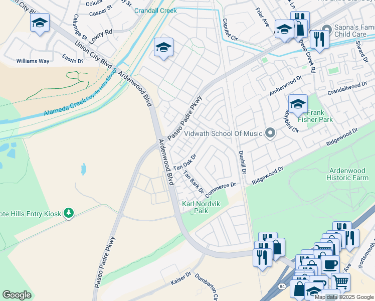map of restaurants, bars, coffee shops, grocery stores, and more near 34192 Firenze Terrace in Fremont