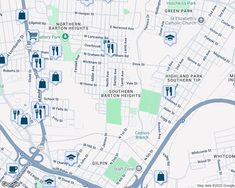 map of restaurants, bars, coffee shops, grocery stores, and more near 101 Poe Street in Richmond