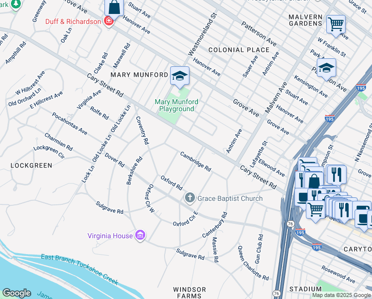 map of restaurants, bars, coffee shops, grocery stores, and more near 4304 Cambridge Road in Richmond