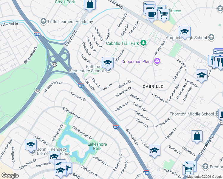 map of restaurants, bars, coffee shops, grocery stores, and more near 4639 Bianca Drive in Fremont