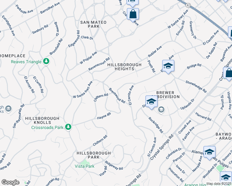 map of restaurants, bars, coffee shops, grocery stores, and more near 304 Brentwood Road in Hillsborough