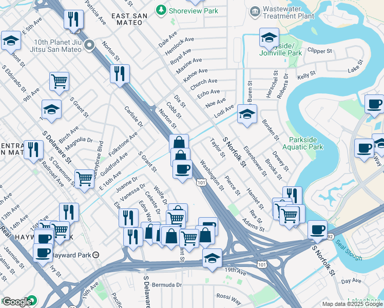 map of restaurants, bars, coffee shops, grocery stores, and more near 1662 Washington Street in San Mateo