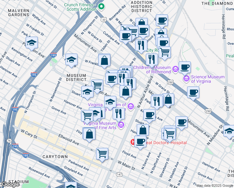 map of restaurants, bars, coffee shops, grocery stores, and more near 516 North Sheppard Street in Richmond