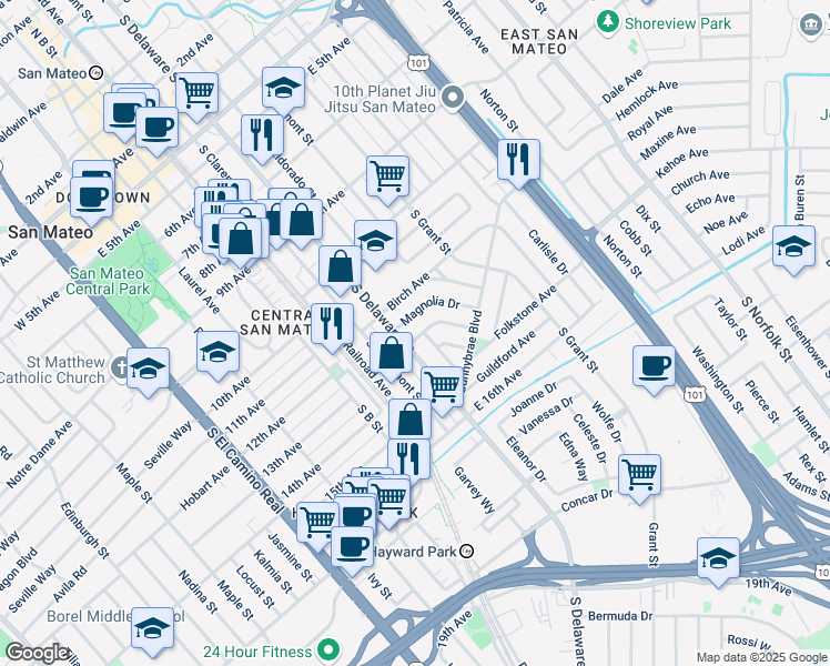 map of restaurants, bars, coffee shops, grocery stores, and more near 611 Harrow Avenue in San Mateo