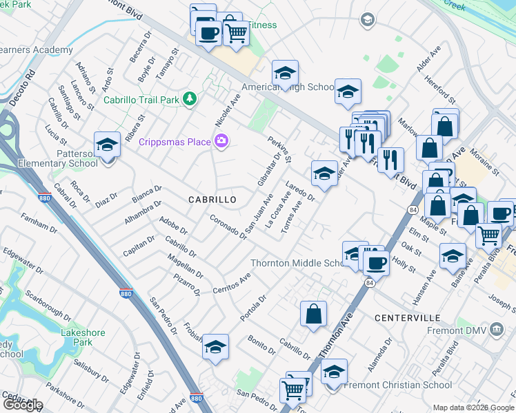 map of restaurants, bars, coffee shops, grocery stores, and more near 4347 San Juan Avenue in Fremont