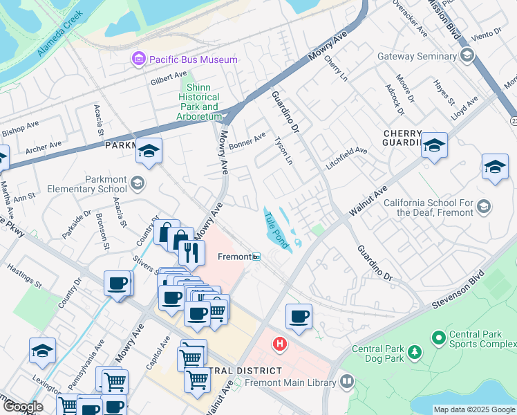 map of restaurants, bars, coffee shops, grocery stores, and more near Old Canyon Road in Fremont