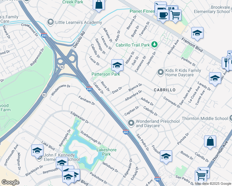 map of restaurants, bars, coffee shops, grocery stores, and more near 4645 Bianca Drive in Fremont