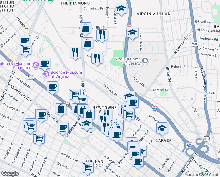 map of restaurants, bars, coffee shops, grocery stores, and more near 2009 West Moore Street in Richmond