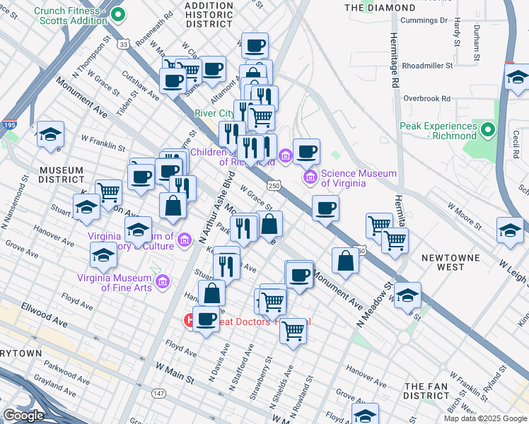 map of restaurants, bars, coffee shops, grocery stores, and more near 2627 West Grace Street in Richmond