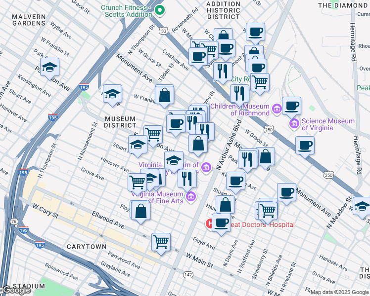 map of restaurants, bars, coffee shops, grocery stores, and more near 516 North Sheppard Street in Richmond
