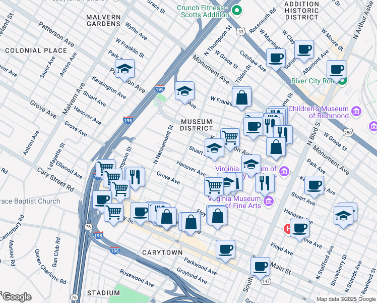map of restaurants, bars, coffee shops, grocery stores, and more near 3325 Stuart Avenue in Richmond