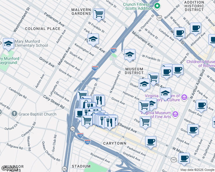 map of restaurants, bars, coffee shops, grocery stores, and more near 3529 Hanover Avenue in Richmond