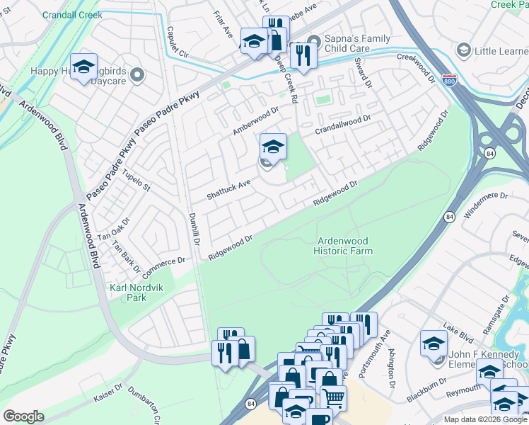 map of restaurants, bars, coffee shops, grocery stores, and more near 5409 Ontario Common in Fremont