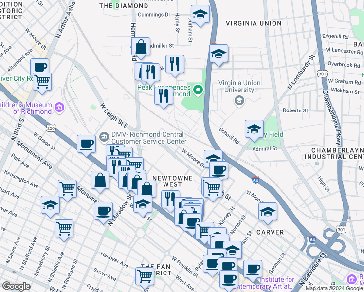 map of restaurants, bars, coffee shops, grocery stores, and more near 1856 West Moore Street in Richmond