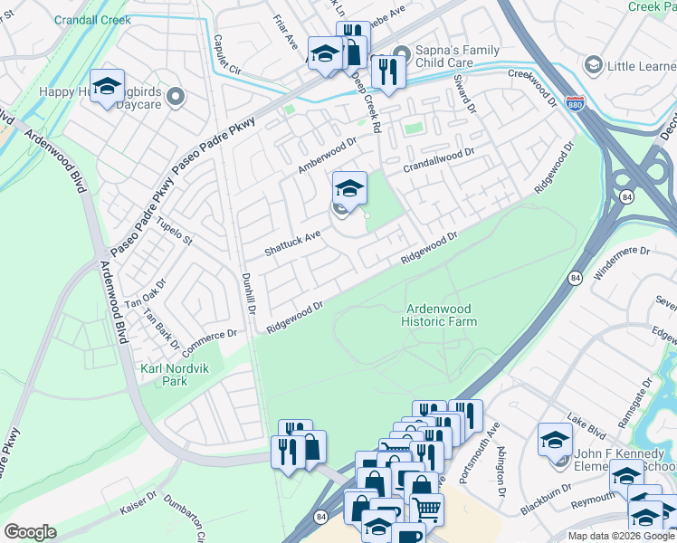 map of restaurants, bars, coffee shops, grocery stores, and more near 5409 Ontario Common in Fremont