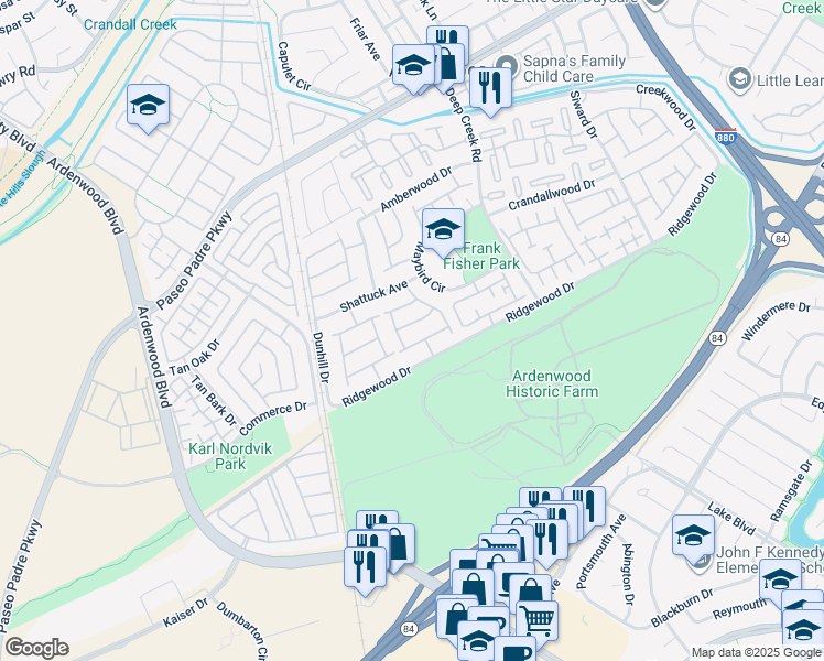 map of restaurants, bars, coffee shops, grocery stores, and more near 5438 Quebec Common in Fremont