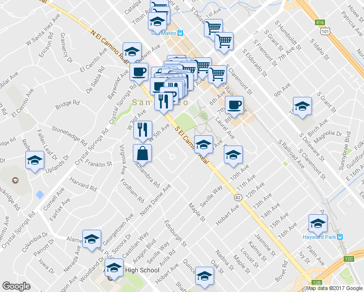 map of restaurants, bars, coffee shops, grocery stores, and more near 521 E Capistrano Way in San Mateo