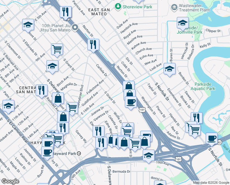 map of restaurants, bars, coffee shops, grocery stores, and more near Haddon Drive in San Mateo