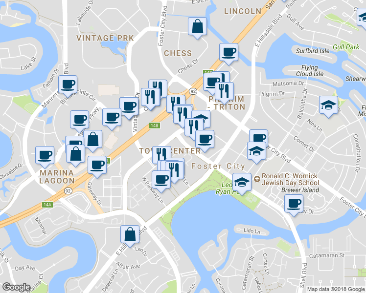 map of restaurants, bars, coffee shops, grocery stores, and more near 6 East Court Lane in Foster City