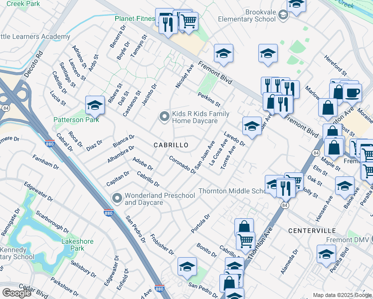 map of restaurants, bars, coffee shops, grocery stores, and more near 4347 Gibraltar Drive in Fremont