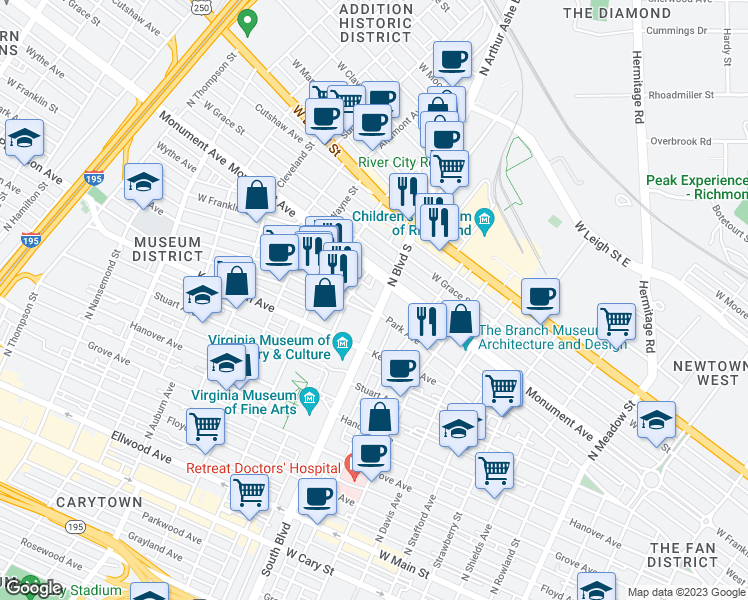 map of restaurants, bars, coffee shops, grocery stores, and more near 604 N Boulevard in Richmond