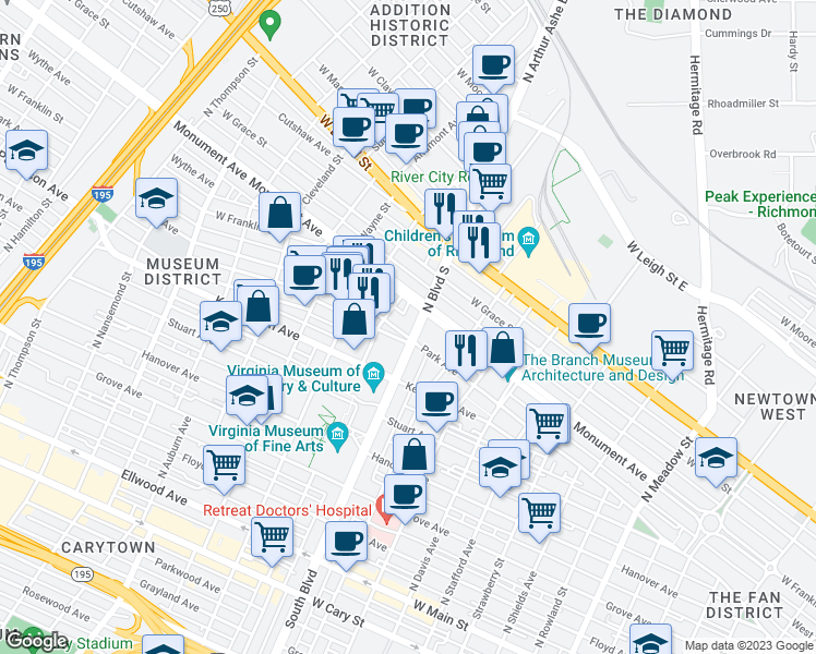 map of restaurants, bars, coffee shops, grocery stores, and more near 604 North Arthur Ashe Boulevard in Richmond