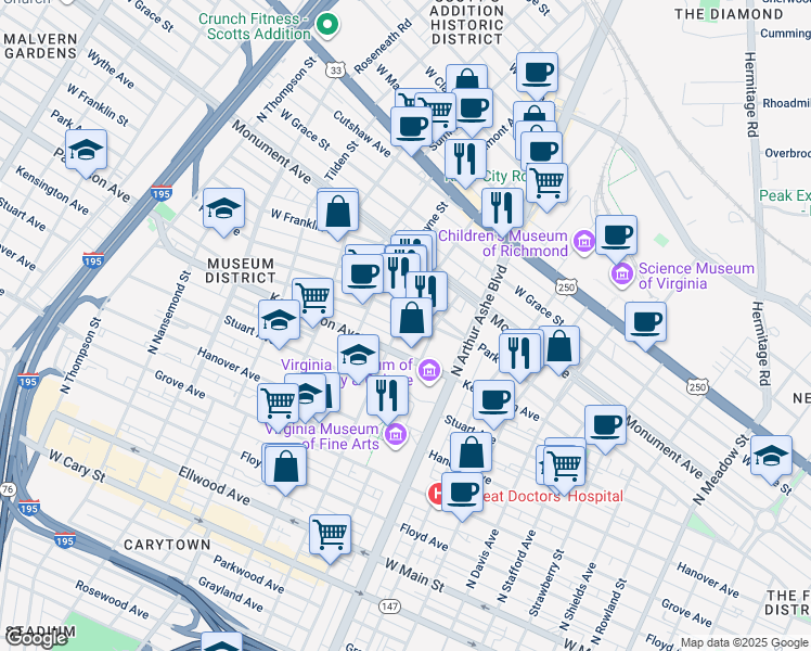 map of restaurants, bars, coffee shops, grocery stores, and more near 521 North Sheppard Street in Richmond