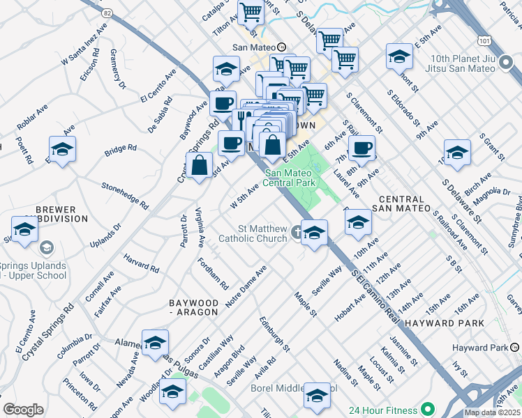 map of restaurants, bars, coffee shops, grocery stores, and more near 50 Mission Drive in San Mateo