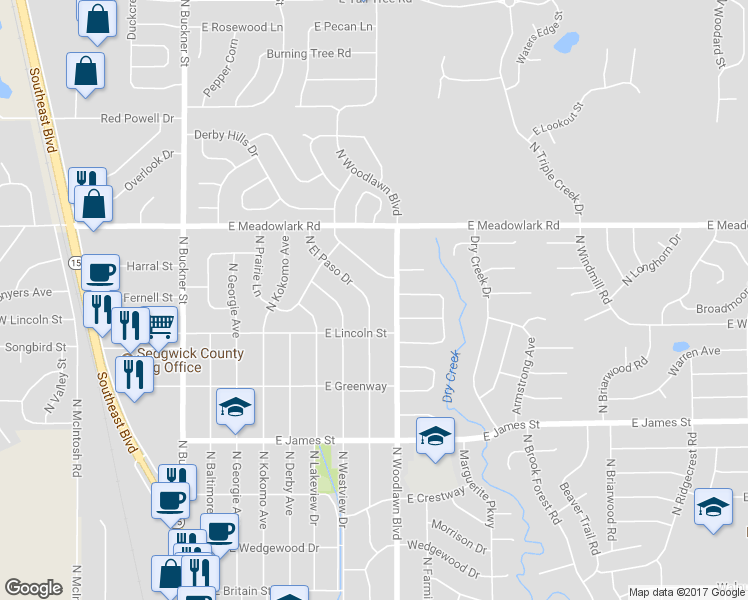 map of restaurants, bars, coffee shops, grocery stores, and more near 1322 North El Paso Drive in Derby