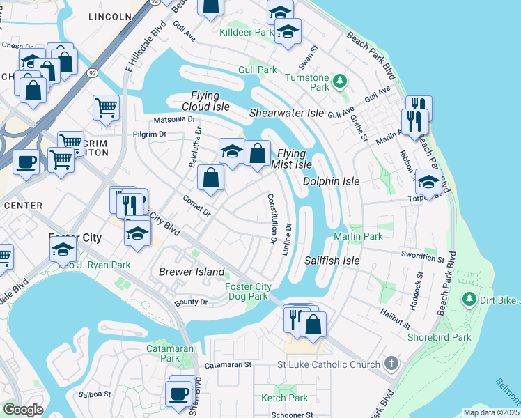 map of restaurants, bars, coffee shops, grocery stores, and more near 106 Eliza Court in Foster City