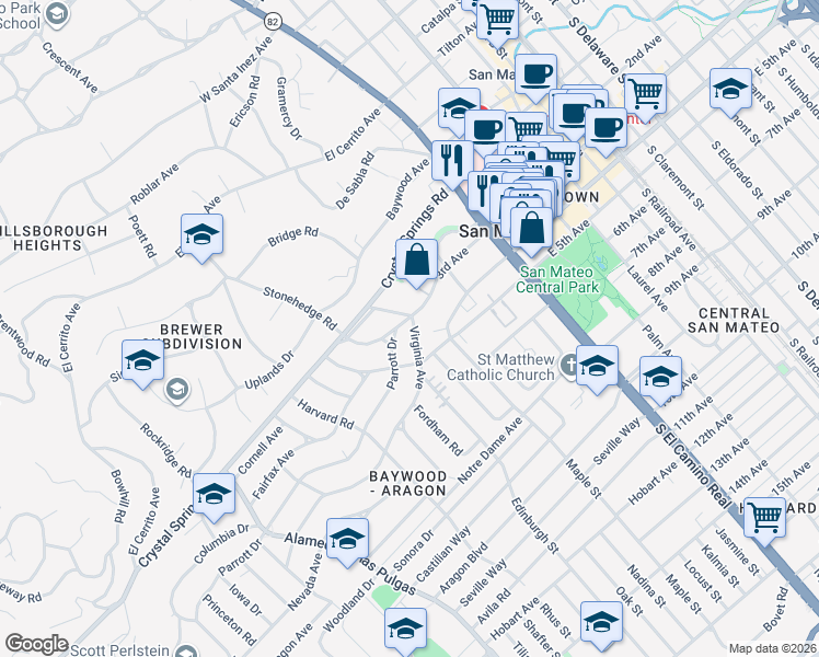 map of restaurants, bars, coffee shops, grocery stores, and more near 221 Parrott Drive in San Mateo
