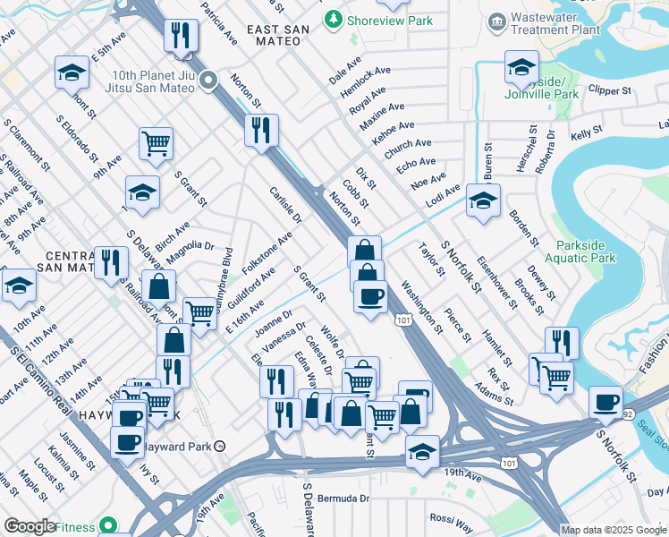 map of restaurants, bars, coffee shops, grocery stores, and more near 1010 Haddon Drive in San Mateo