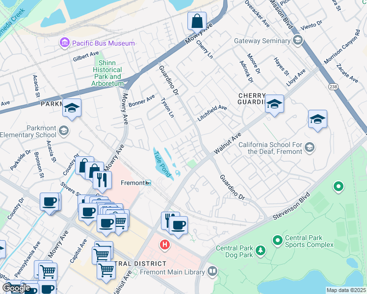 map of restaurants, bars, coffee shops, grocery stores, and more near 1225 Koi Terrace in Fremont