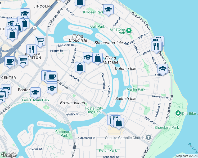 map of restaurants, bars, coffee shops, grocery stores, and more near 106 Eliza Court in Foster City