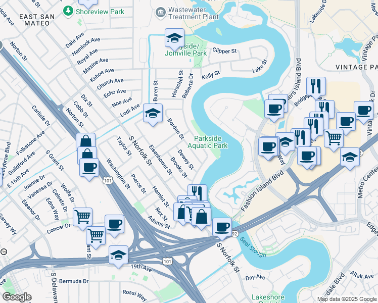 map of restaurants, bars, coffee shops, grocery stores, and more near 1740 Borden Street in San Mateo