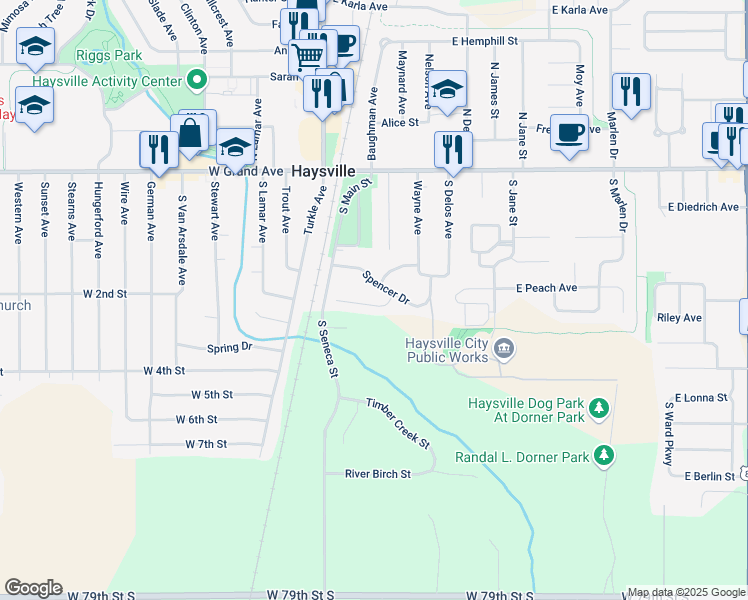 map of restaurants, bars, coffee shops, grocery stores, and more near 302 Waggoner Lane in Haysville