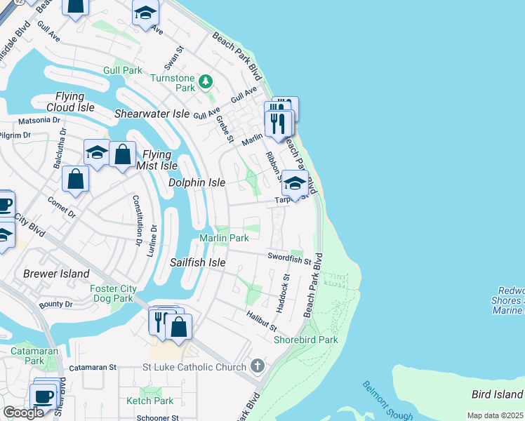 map of restaurants, bars, coffee shops, grocery stores, and more near 372 Pompano Circle in Foster City