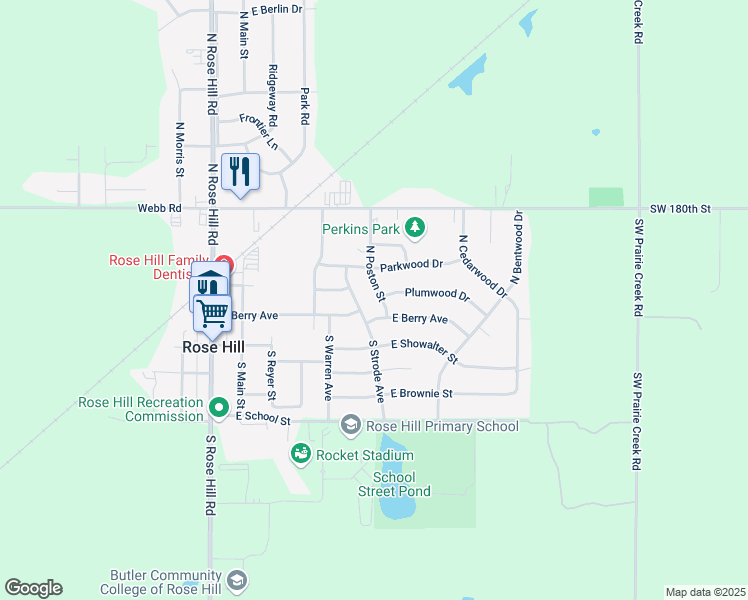 map of restaurants, bars, coffee shops, grocery stores, and more near 109 North Poston Street in Rose Hill