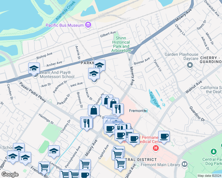 map of restaurants, bars, coffee shops, grocery stores, and more near 38551 Botany Green in Fremont
