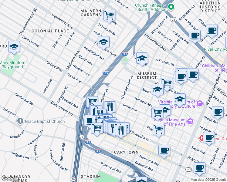 map of restaurants, bars, coffee shops, grocery stores, and more near 3513 Hanover Avenue in Richmond