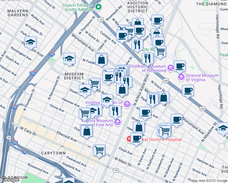 map of restaurants, bars, coffee shops, grocery stores, and more near 512 North Sheppard Street in Richmond