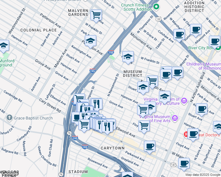 map of restaurants, bars, coffee shops, grocery stores, and more near 3502 Hanover Avenue in Richmond