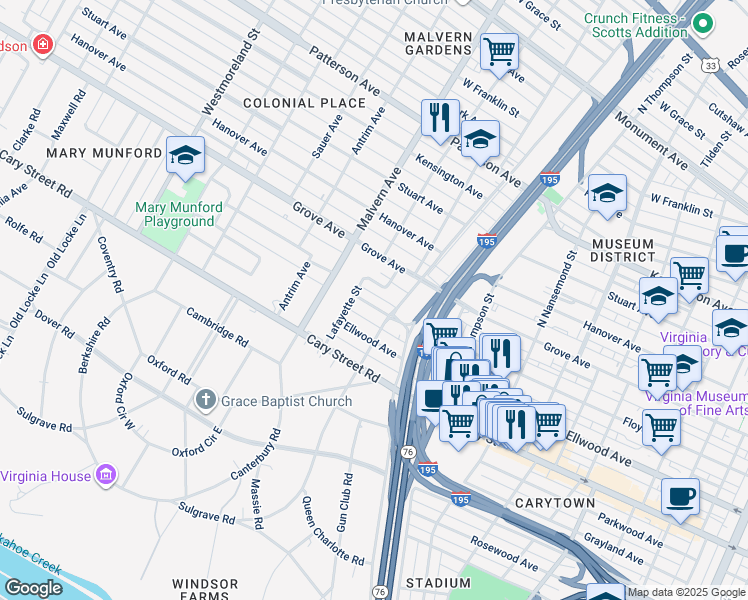 map of restaurants, bars, coffee shops, grocery stores, and more near 3908 Floyd Avenue in Richmond