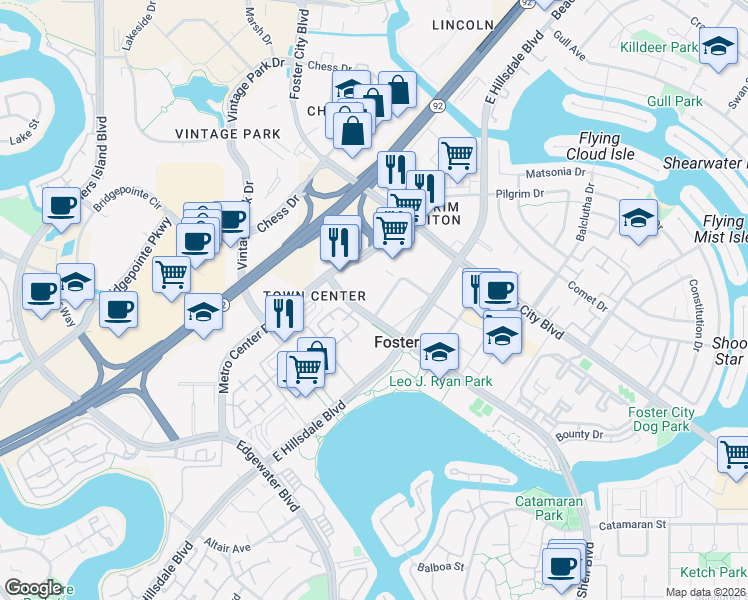 map of restaurants, bars, coffee shops, grocery stores, and more near 550 Shell Boulevard in Foster City